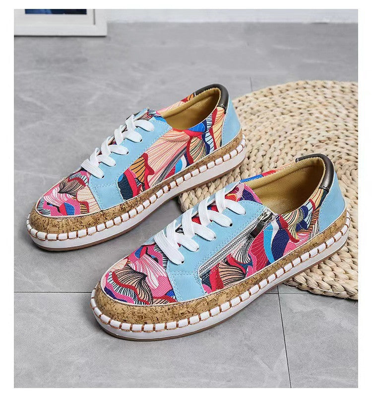 Patterned Side Zip Lace-Up Casual Flats Shoes