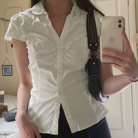 Summer Women's Pleated Casual Breasted Solid Color Back Lace-up Short Sleeve Shirt