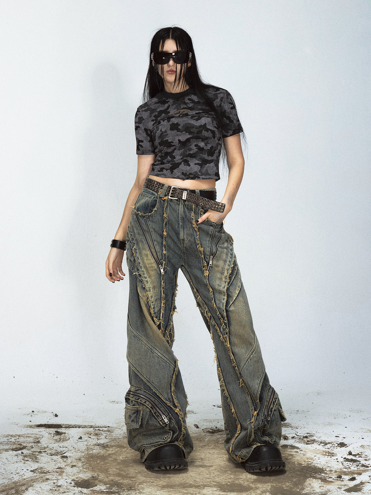 Heavy Industry Destroyed Raw Edge Stitching Jeans Retro Wide Leg Trousers