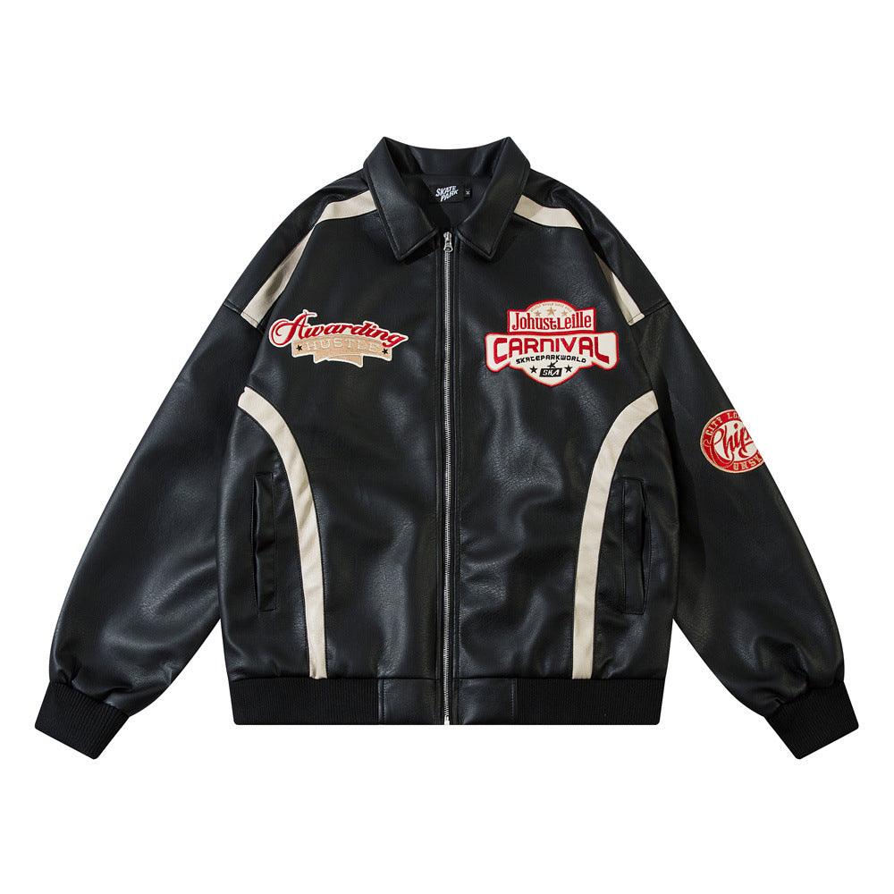 European And American Letters Affixed Cloth Embroidered Loose Leather Coat Coat