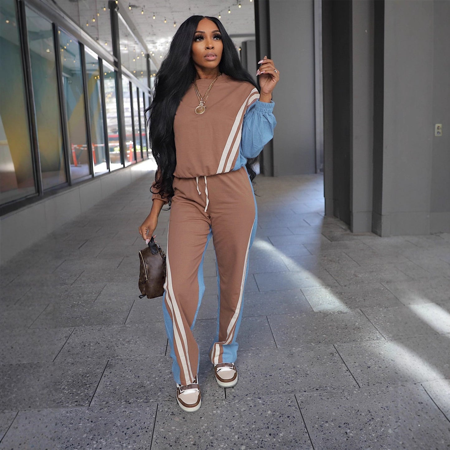 Sporty Color-blocked Faux Denim Striped Long-sleeve Hoodie With Drawstring Pants Two-piece Set