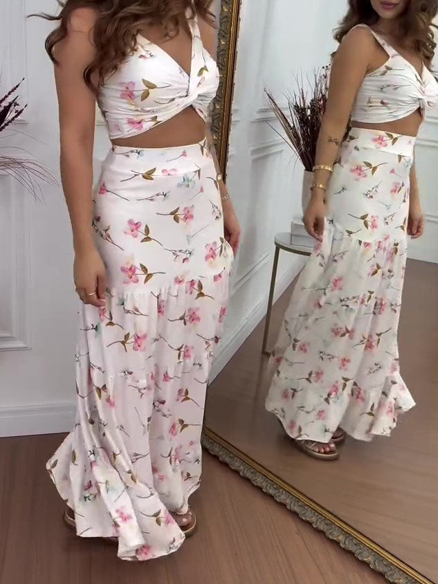 Kropsnær Croptop med Blomsterprint og Flæseskørt-sæt