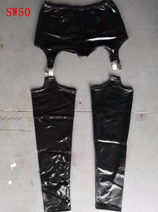 Women's Black Glossy Patent Leather Garter Pantyhose