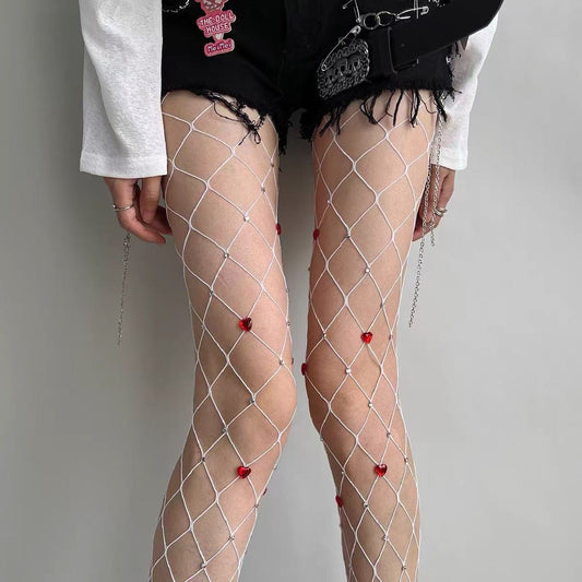 European And American Red Love Spot Drill Rhinestone Shiny Socks