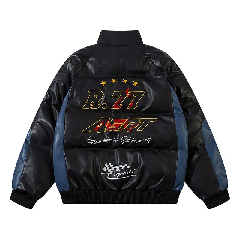 Men's Retro Letter Embroidered Patchwork PU Leather Cotton Jacket