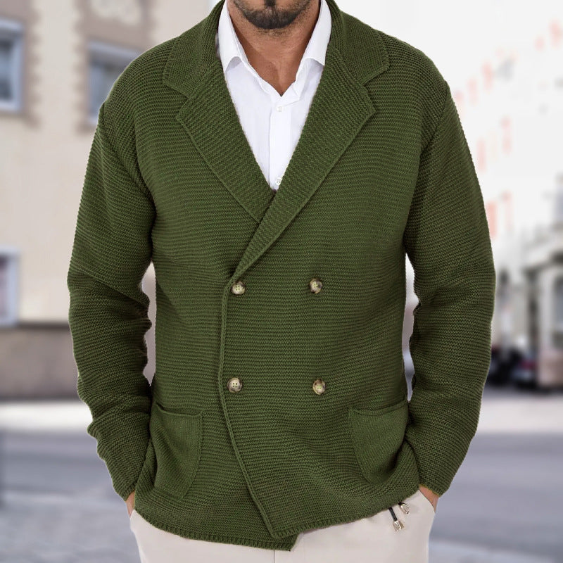 Cardigan Lapel Sweater Coat For Men Fall Winter Slim Double Breasted Sweaters Business Casual Style Lightweight Tops