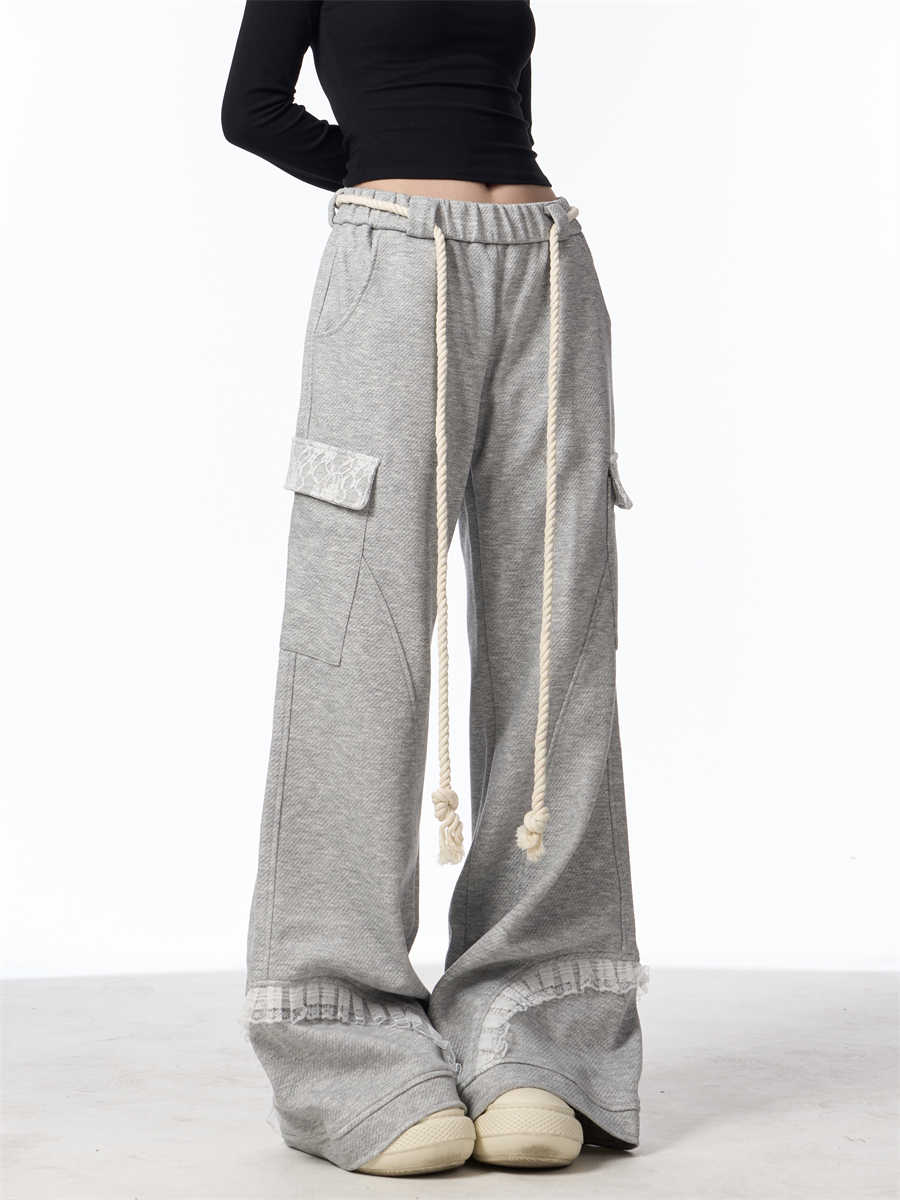 Gray Wide Leg Multi-pocket Drawstring Track Sweatpants Women's Casual Pants