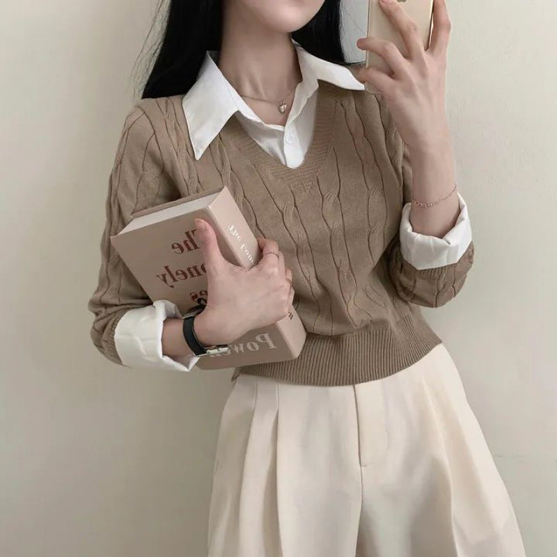 Korean Style Blouse Collar Stitching Fake Two-piece Knitted Sweaters