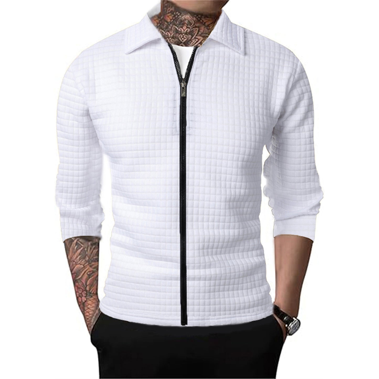 Men's Casual Long-sleeved Lapel Waffle Jacket Cardigan