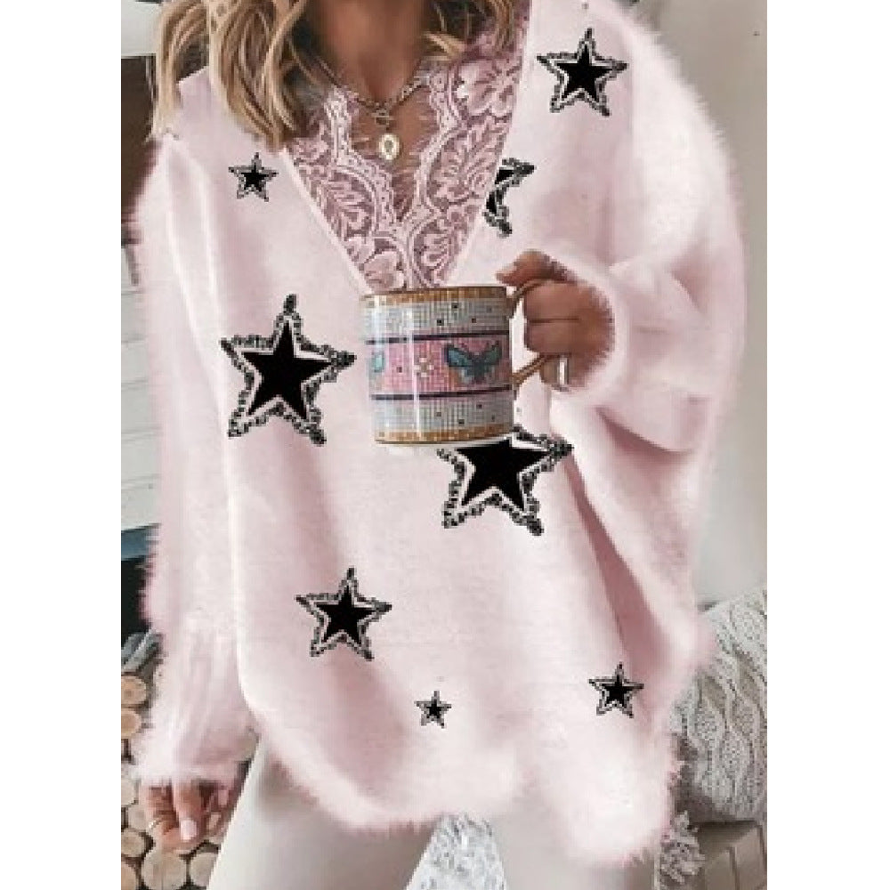 Women's Fashion V-neck Lace Pentagram Printed Knitted Jacket
