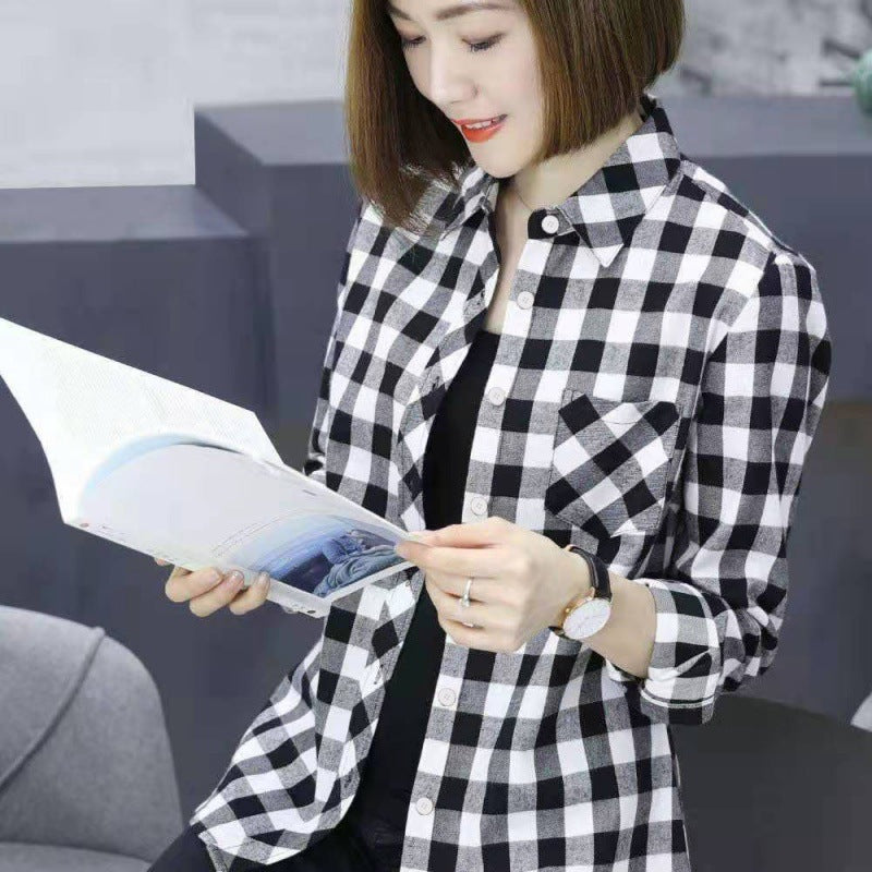 Women's Long-sleeved Slim-fit Plaid Shirt