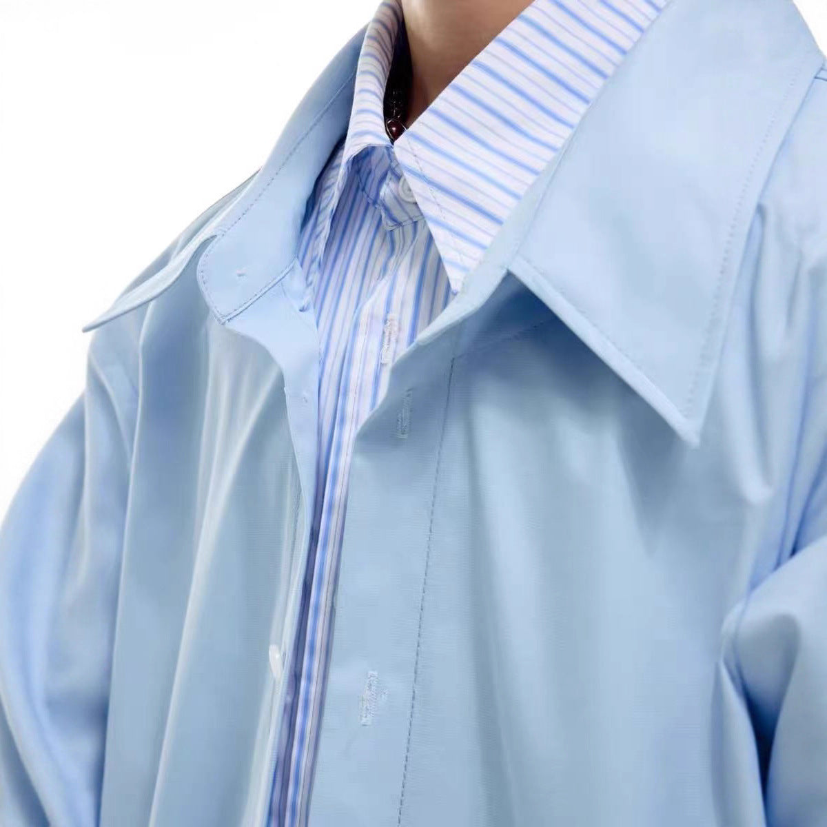 Rare Striped Contrast-color Shirt Mock Two-piece Patchwork-design Top