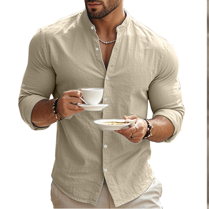 Standing Collar Solid Color Casual Cotton Linen Shirt