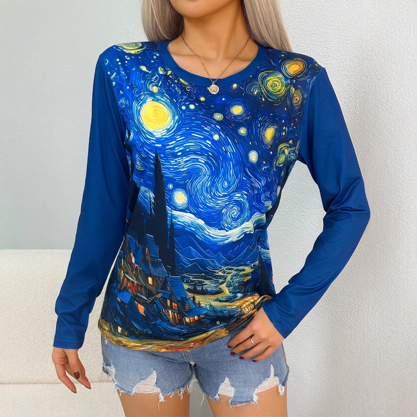 Womens Casual Versatile Loose Fitting Long Sleeve Crew Neck Top With A Starry Sky Design