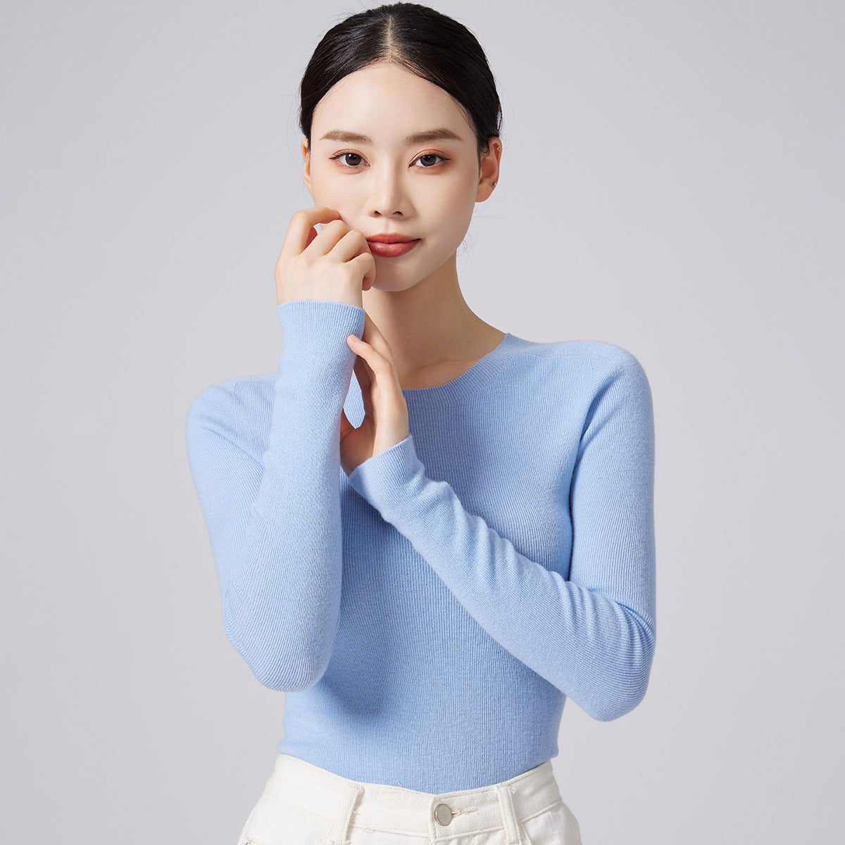 Machine Washable 60 Seamless Bottoming Shirt Round Neck Wool Sweater For Women