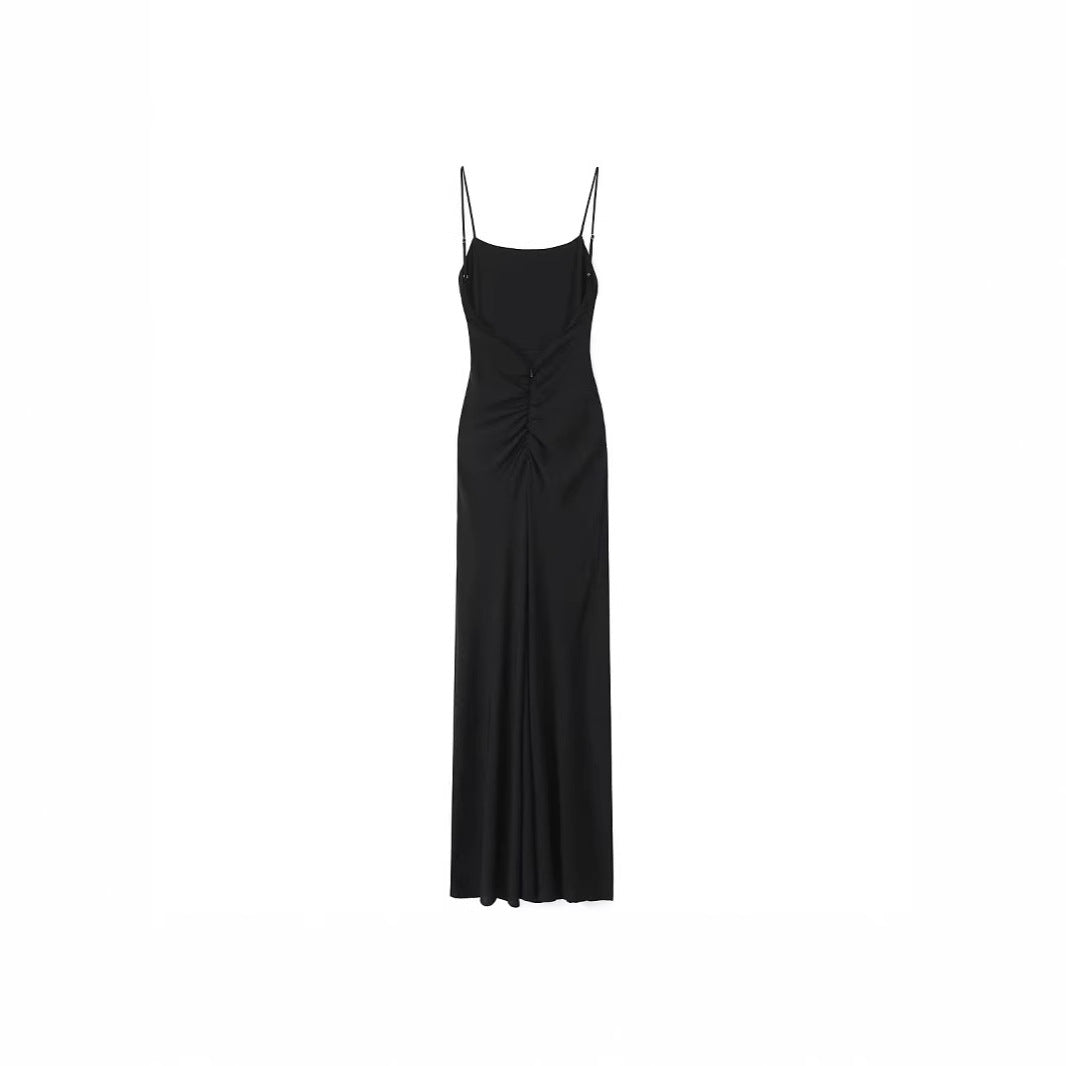 Elegant Round-neck Solid-color Dress With Ruffled Hem And Side Slit