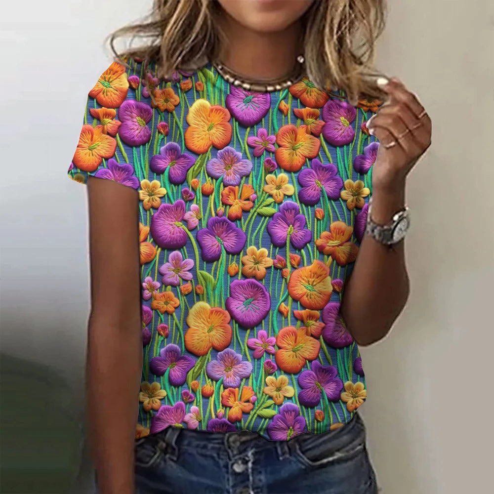 Floral Print Women's T-shirt Short Sleeve Casual Round Neck T-shirt Summer Ladies
