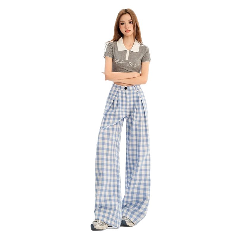 Blue Plaid Womens Loose-fitting Straight-leg Casual Pants