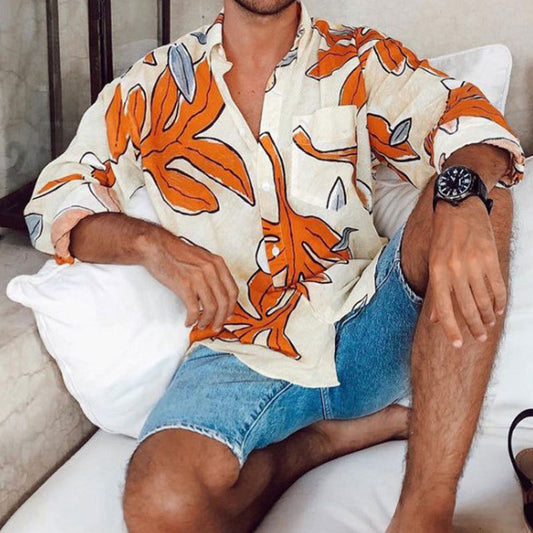 Skjorte med print til mænd, strandstil, lange ærmer