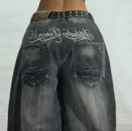 Washed Printed Loose Straight Wide-leg Jeans