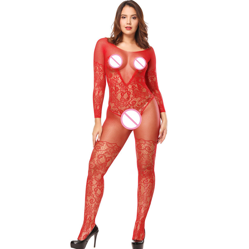 V-shaped Chest Embroidered Long-sleeved Open Stockings