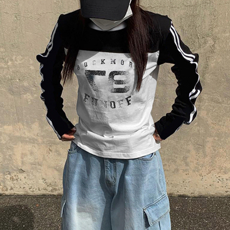 American Street Digital Printing Contrast Color Striped Stand Collar Splicing Machine Car Style Long Sleeve