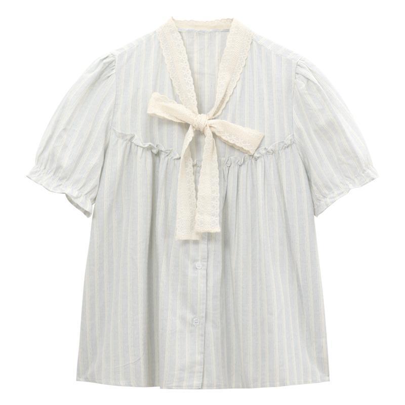 Bow Chic Lace Puff Sleeve Striped Shirt