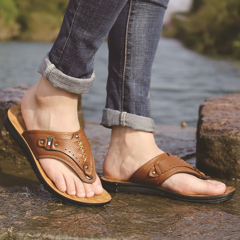 Casual Shoes Open-toe Outdoor Leather Flip-flops With Soft Soles