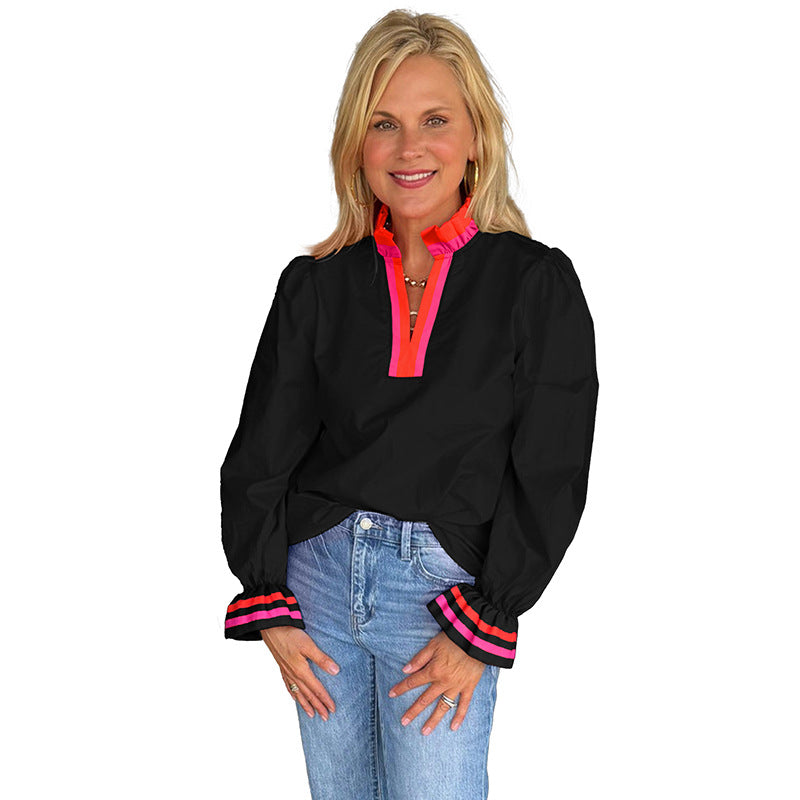 New Ruffled Loose Casual V-neck Long-sleeved Top