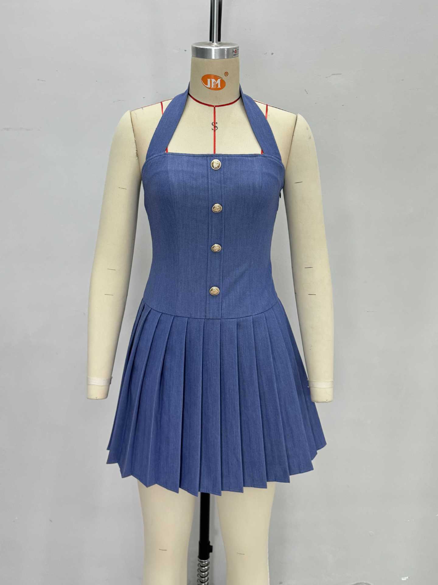 Womens Sleeveless Halterneck Pleated Mini Dress