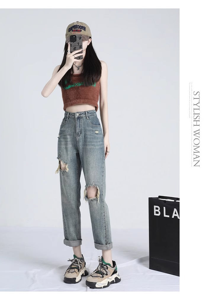 Ripped Daddy Jeans For Women Spring And Autumn New High Waist Loose Small