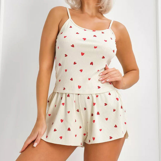 European And American-style Heart-print Camisole And Shorts Pajama Set