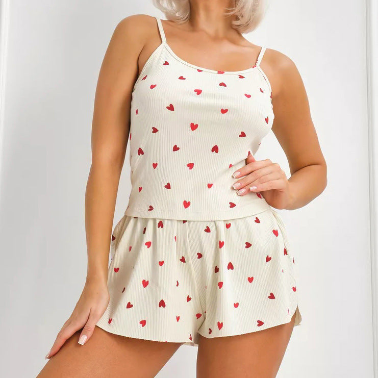 European And American-style Heart-print Camisole And Shorts Pajama Set
