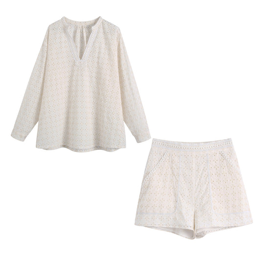 Women's Dignified Hollow Embroidered Shirt And Shorts Suit
