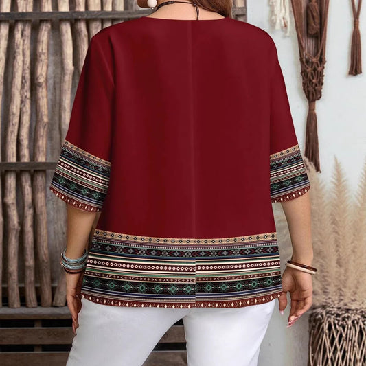 Plus-size Womens Casual All-over Print V-neck Button-decorated Loose-fit 35 Sleeve Shirt For Spring And Summer