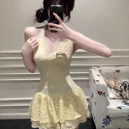 Womens Elegant Knitted Blouse And Lace Dress Two-Piece Set