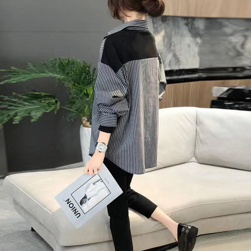 Women's All-match Loose Black And Gray Striped Top Shirt
