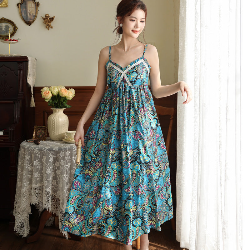 French-style Long Nightgown With Built-in Chest Pads Perfect For Wearing Outside