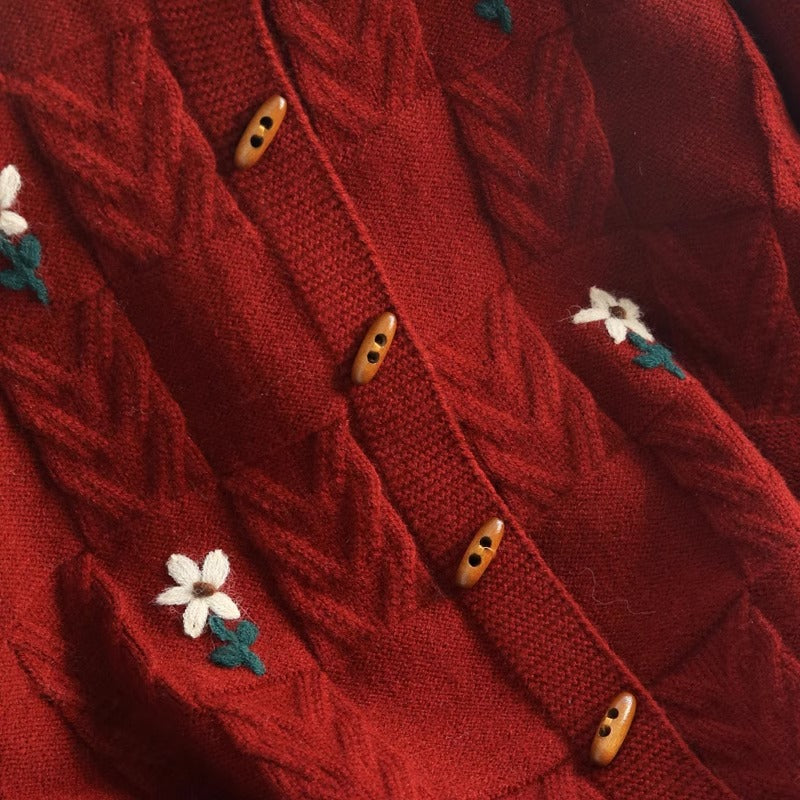 Retro Machine Embroidery Cable-knit Sweater Coat