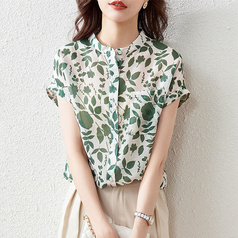 Chiffonbluse, kortærmet blomstret top til kvinder, moderigtig, stilfuld fransk printet bluse, tynd