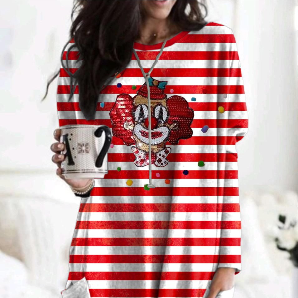 Printed Round Neck Long Sleeve Women's Bag Hip Dress