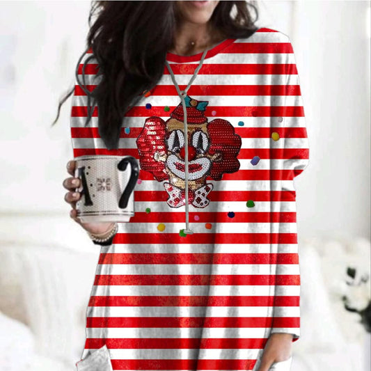 Printed Round Neck Long Sleeve Women's Bag Hip Dress