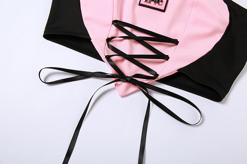 Fashion Color Contrast Lace-up Waist Backless Halter Vest