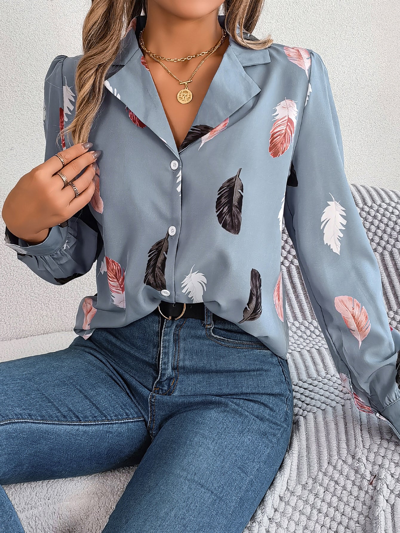 Women's Elegant Feather Print Notched Lapel Long Sleeve Shirt