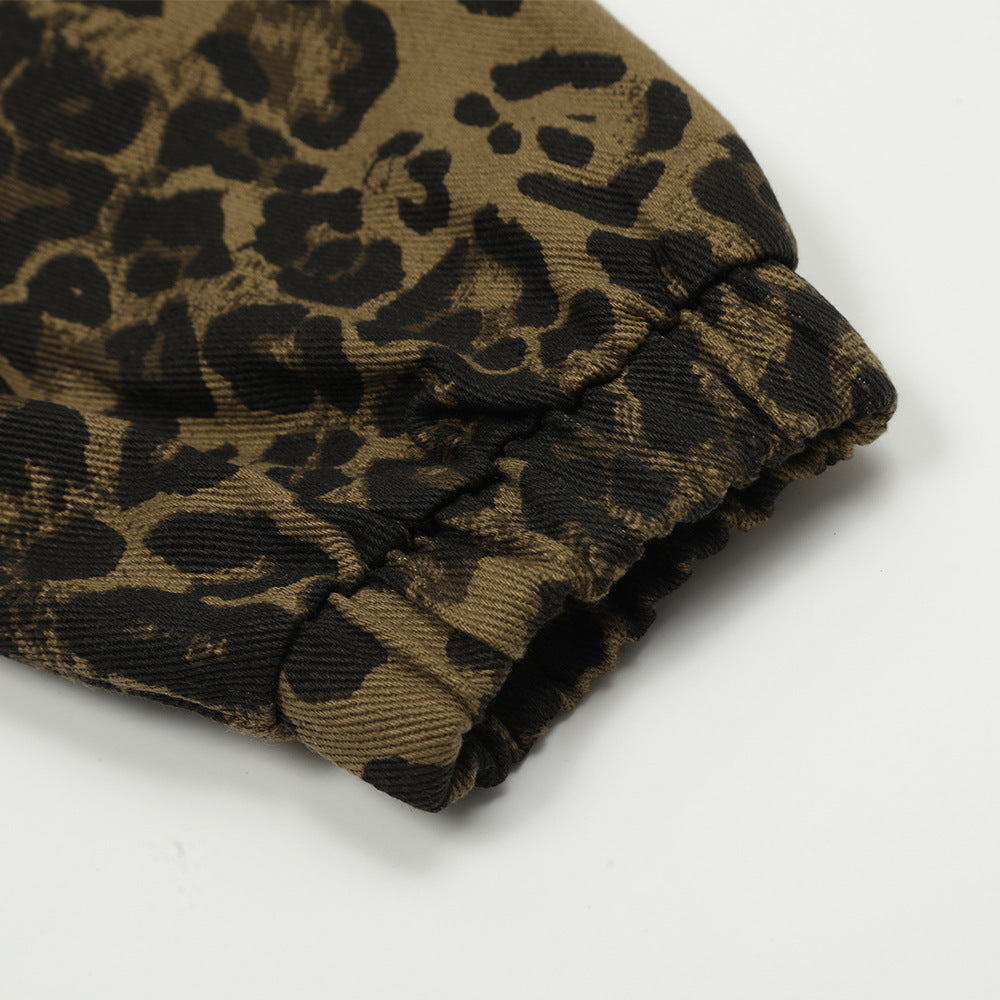 Men's Loose Casual Stand Collar Leopard Print Denim Jacket