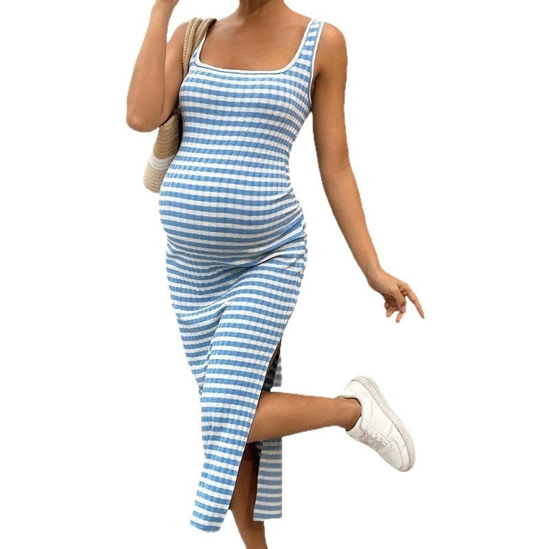 Summer Slim-fit Square-neck Striped Dress