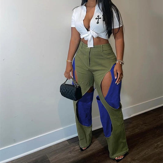 Contrasting Color Thread Stitching Hollow-out Casual Pants