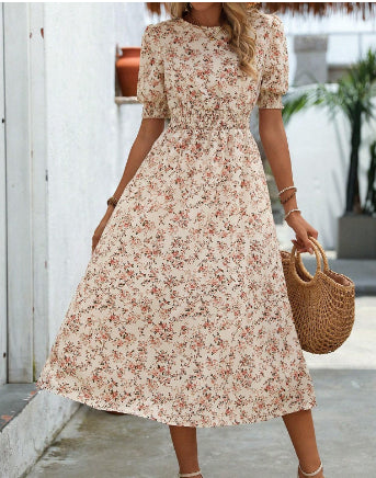 Round Floral Pattern High Waist Slim Long Dress