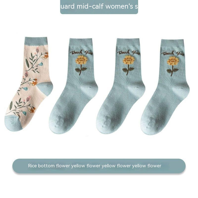 Women's Versatile Leisure Pure Cotton Mid-calf Length Socks Sweat Absorbing And Deodorant