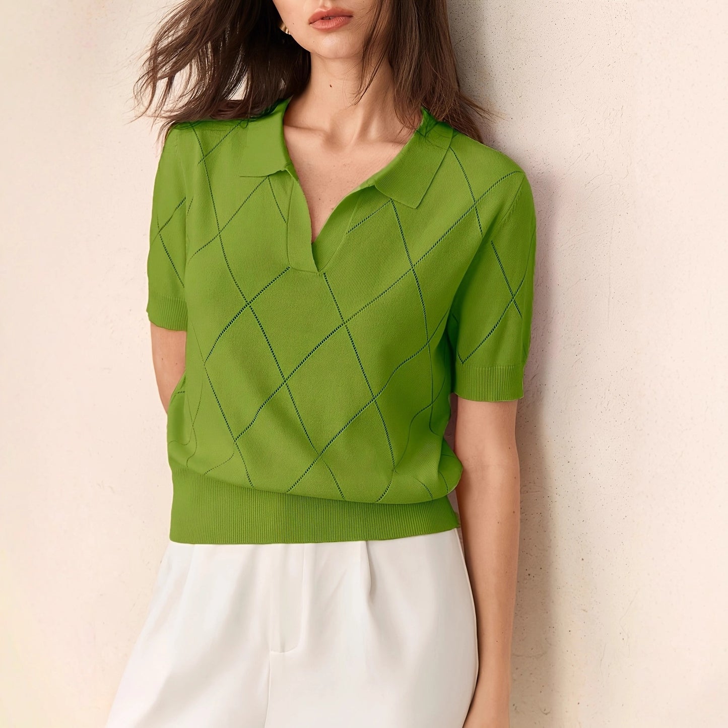 Women's Polo-Neck Diamond-Knit Short-Sleeve Pullover